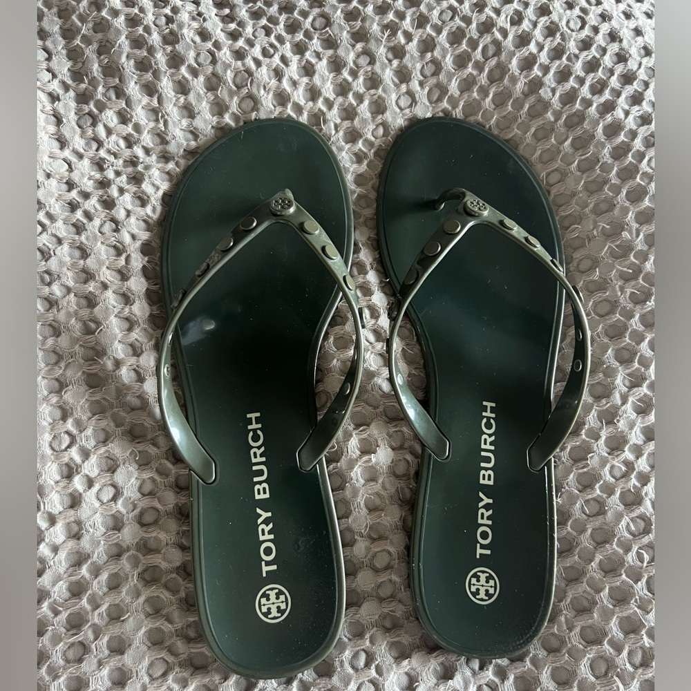 Army green Tory Burch rubber flip flops
